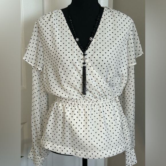 DKNY Blouse Black White Polkadot Long Sleeve Top Peplum Hem Size Small - Picture 1 of 5